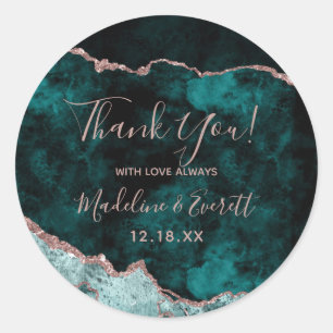 Peacock Green & Rose Gold Foil Agate Thank You Classic Round Sticker