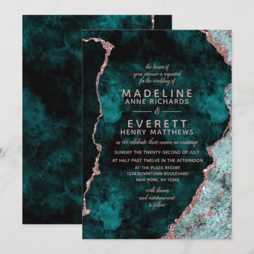 Peacock Green & Rose Gold Foil Agate Wedding Invitation