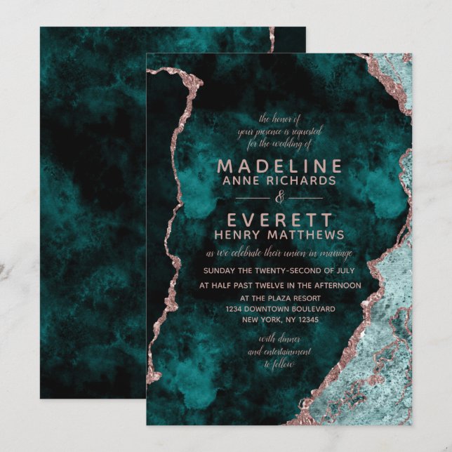 Peacock Green & Rose Gold Foil Agate Wedding Invitation (Front/Back)