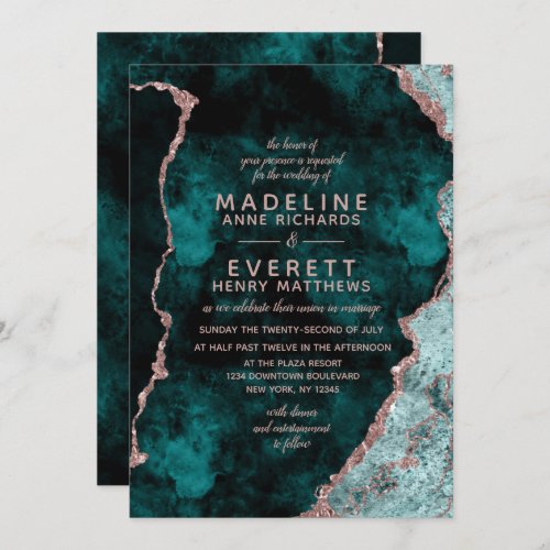 Peacock Green  Rose Gold Foil Agate Wedding Invitation