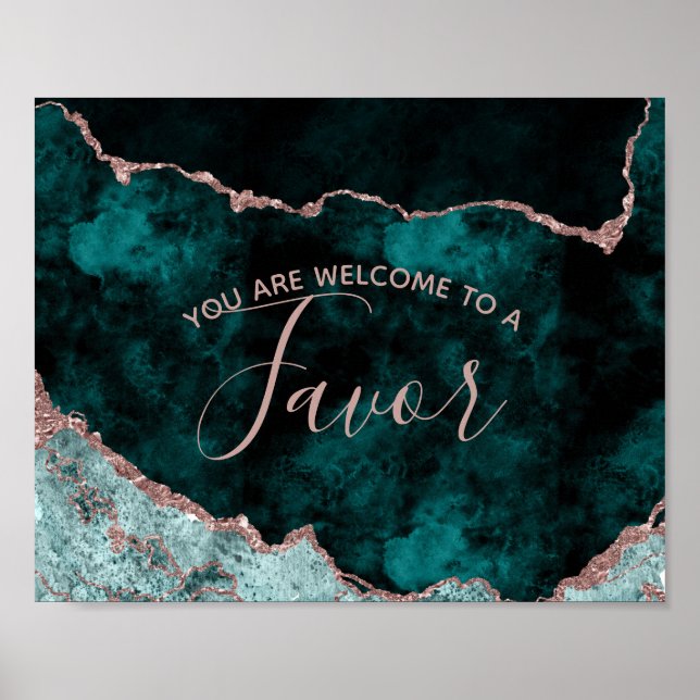 Peacock Green & Rose Gold Foil Favor Table Sign (Front)