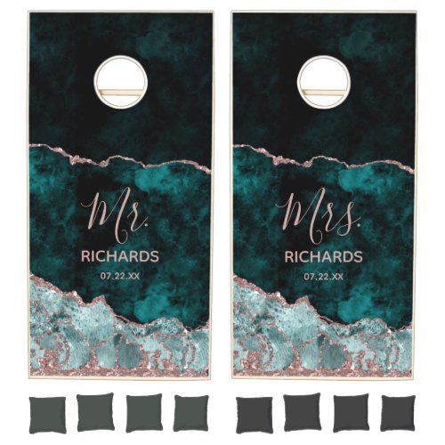 Peacock Green  Rose Gold Foil Wedding Mr  Mrs Cornhole Set