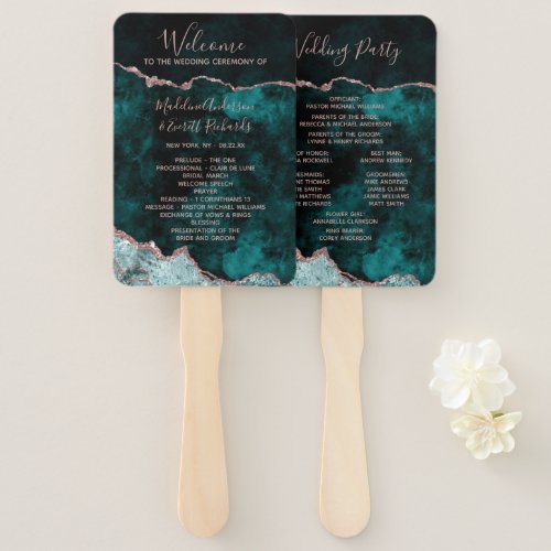 Peacock Green Rose Gold Wedding Ceremony Program Hand Fan