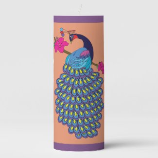 Peacock & Hibiscus Design  Flameless  Candle