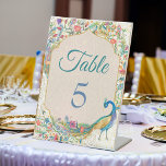 Peacock Hindu wedding table number Pedestal Sign<br><div class="desc">Peacock Arabian paisley pattern Indian Hindu wedding table number cards</div>