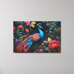 Peacock In a Colorful Rose Garden Canvas Print