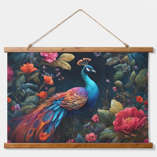Peacock In a Colorful Rose Garden Hanging Tapestry (Front)