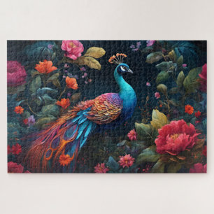 Peacock In a Colorful Rose Garden Jigsaw Puzzle