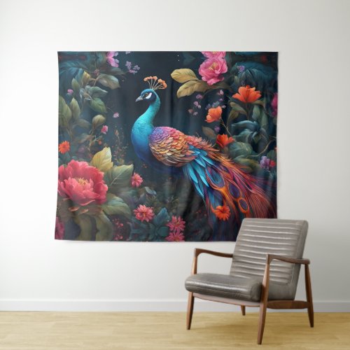 Peacock In a Colorful Rose Garden Tapestry