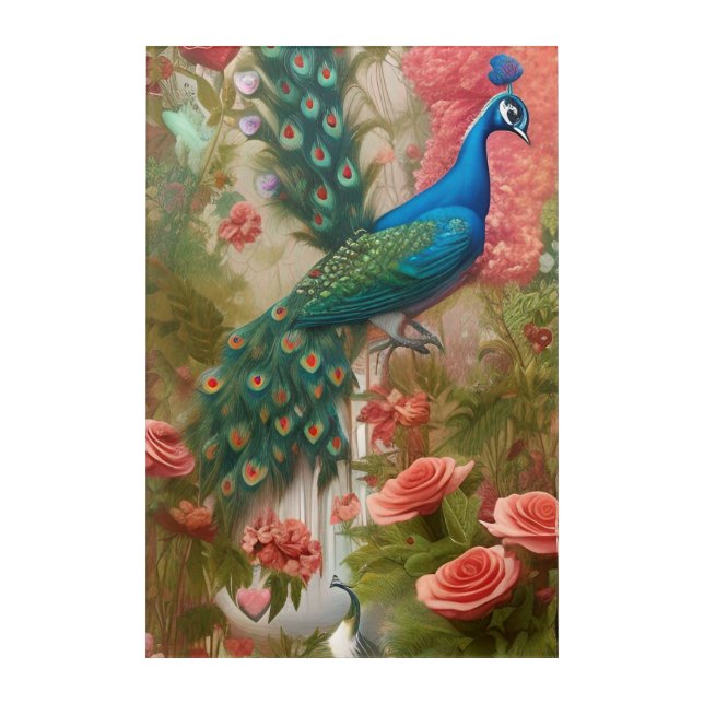 Peacock in Apricot Rose Garden Acrylic Print (Front)