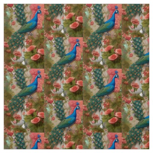 Peacock in Apricot Rose Garden Fabric