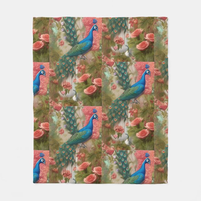 Peacock in Apricot Rose Garden   Fleece Blanket (Front)