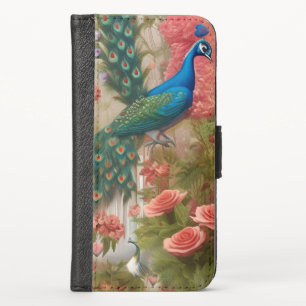 Peacock in Apricot Rose Garden iPhone X Wallet Case