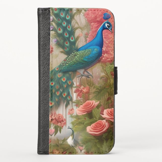 Peacock in Apricot Rose Garden   iPhone Wallet Case (Front)