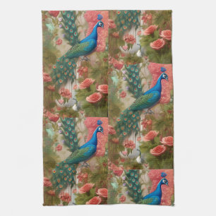 Peacock in Apricot Rose Garden Kitchen Towel