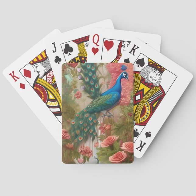 Peacock in Apricot Rose Garden  Poker Cards (Back)