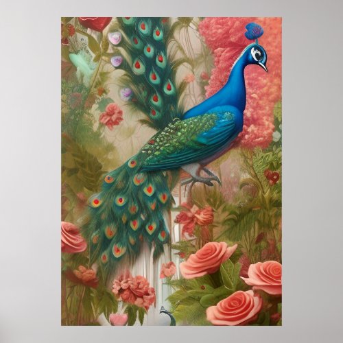 Peacock in Apricot Rose Garden  Poster