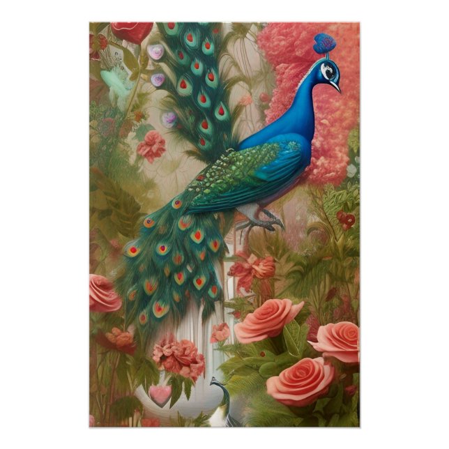 Peacock in Apricot Rose Garden Poster (Front)
