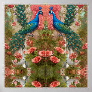 Peacock in Apricot Rose Garden Poster