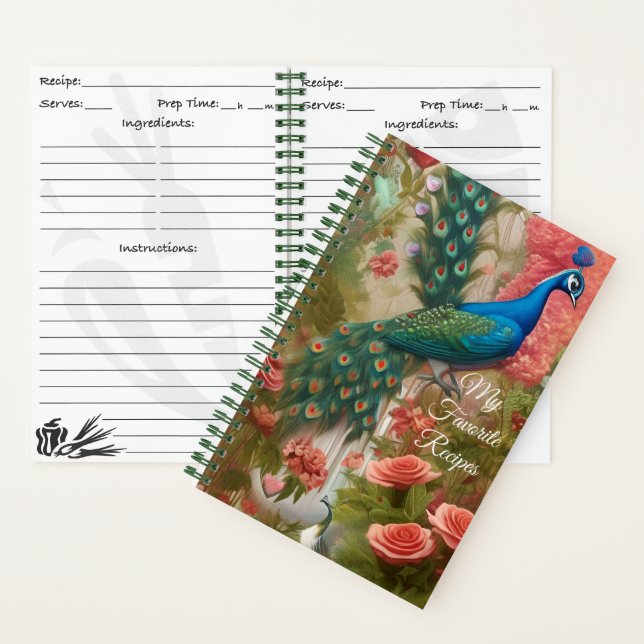 Peacock in Apricot Rose Garden Recipe Notebook (Inside)