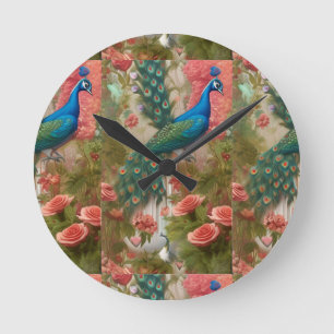 Peacock in Apricot Rose Garden Round Clock