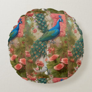 Peacock in Apricot Rose Garden Round Pillow