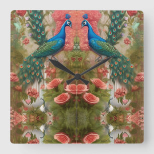 Peacock in Apricot Rose Garden Square Wall Clock