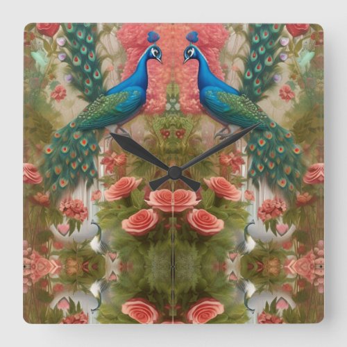 Peacock in Apricot Rose Garden  Square Wall Clock