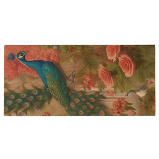 Peacock in Apricot Rose Garden Wood Flash Drive