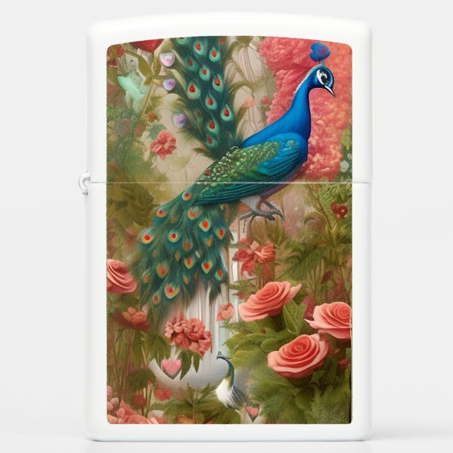 Peacock in Apricot Rose Garden Zippo Lighter (Front)