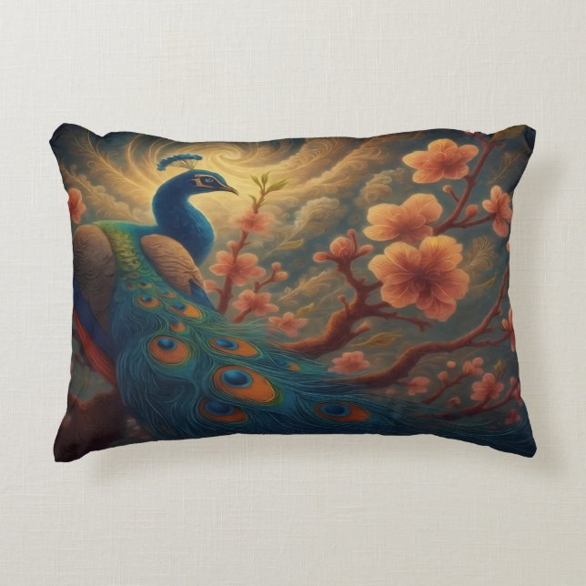 Peacock in Blossom Accent Pillow (Front)