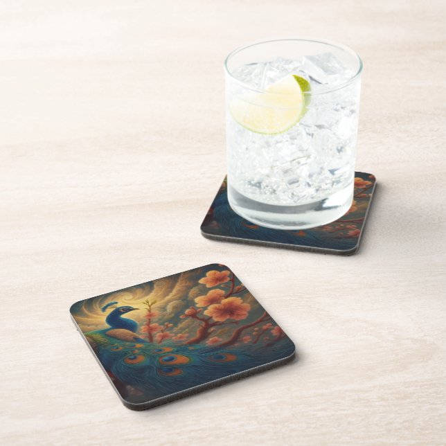 Peacock in Blossom Beverage Coaster (Right Side)