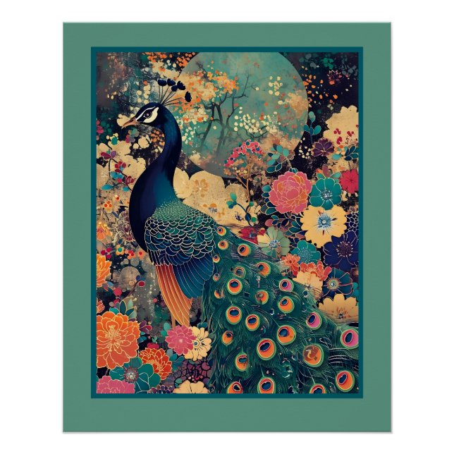 Peacock in floral design with turquoise moon poster (Front)