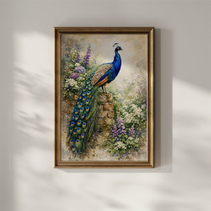 Peacock in Floral Garden Poster