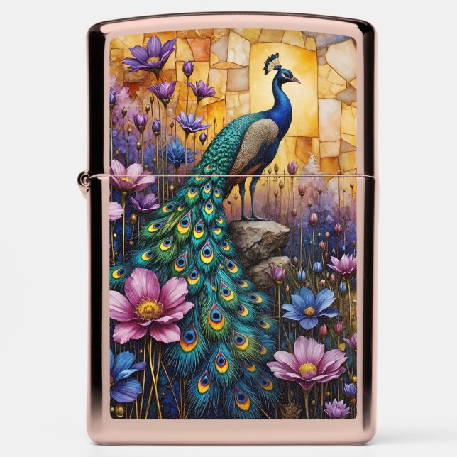 Peacock in Floral Landscape Zippo Lighter (Front)