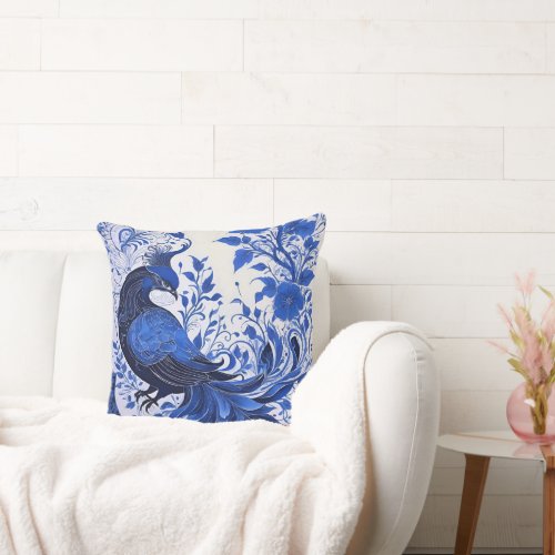 Peacock in Flowers Blue and White Chinoiserie Throw Pillow
