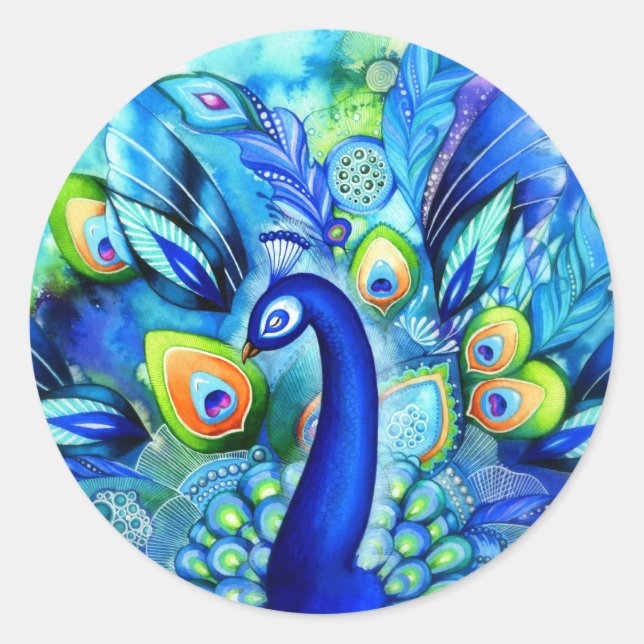 Peacock in Full Bloom Classic Round Sticker (Front)