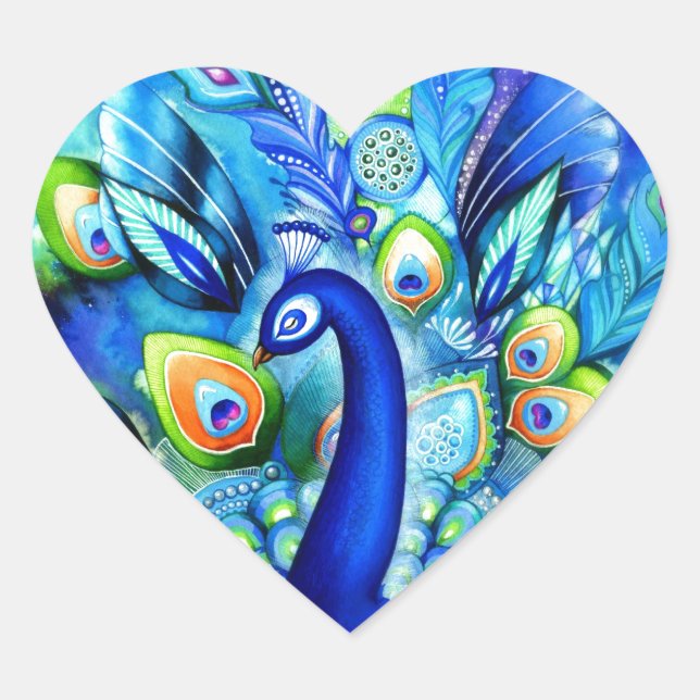Peacock in Full Bloom Heart Sticker (Front)