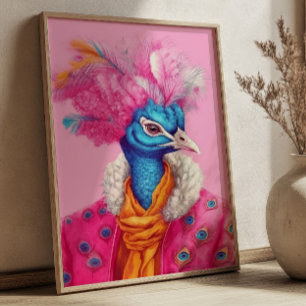 Peacock in Fur Anthropomorphic Animal Fashion Art Poster