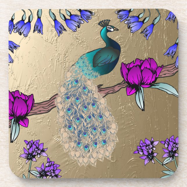 Peacock In Gold Beverage Coaster (Front)