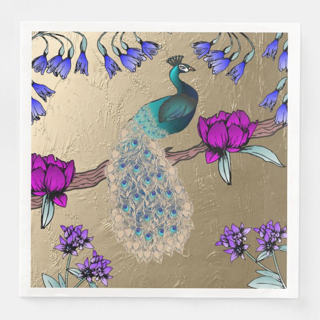 Peacock In Gold  Paper Dinner Napkins (Front)