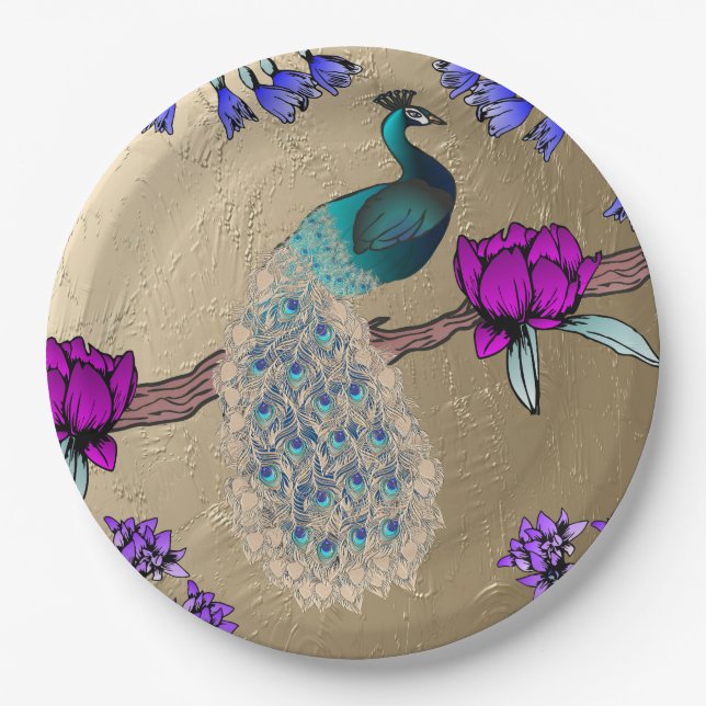 Peacock In Gold  Paper Plates (Front)