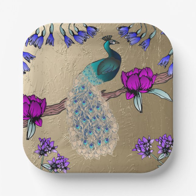 Peacock In Gold  Paper Plates (Front)