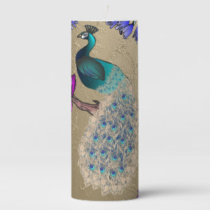 Peacock In Gold Pillar Candle