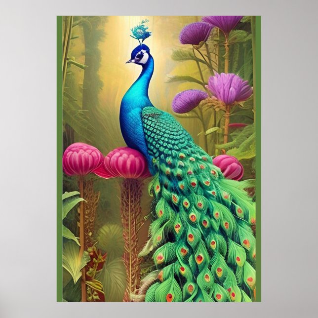 Peacock in Pink Garden Forest Poster (Front)