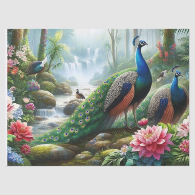 Peacock in Rain Forest Decoupage Tissue Paper (Front)