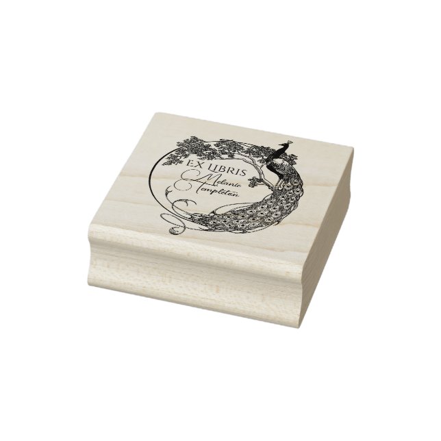 Peacock In Round Frame Art Nouveau Ex Libris Name Rubber Stamp (Stamp)