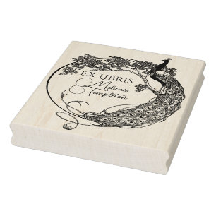Peacock In Round Frame Art Nouveau Ex Libris Name Rubber Stamp