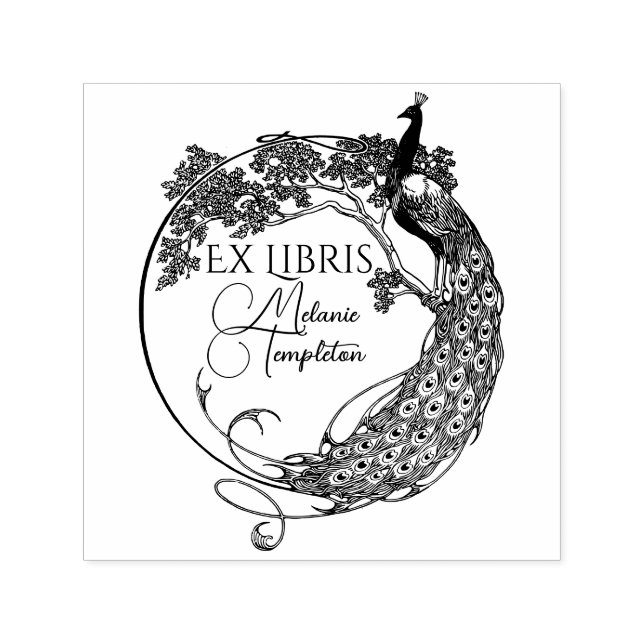 Peacock In Round Frame Art Nouveau Ex Libris Name Self-inking Stamp (Design)