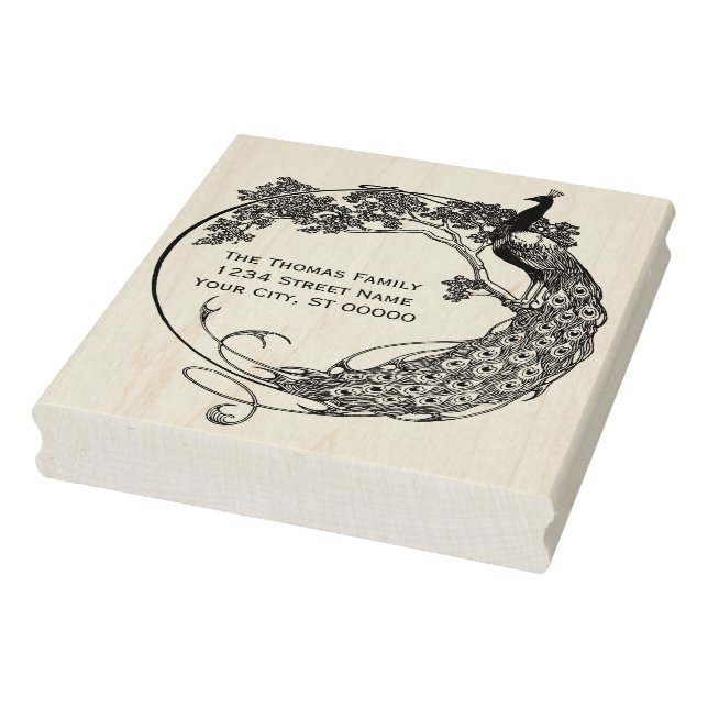 Peacock In Round Frame Art Nouveau Name Address  Rubber Stamp (Stamp)